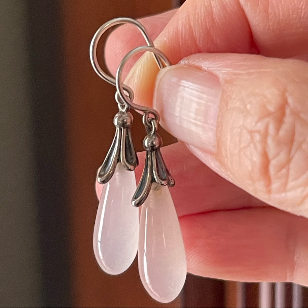 Ann King Signed Rose Quartz Sterling Silver Dangle Teardrop Earrings - Designer